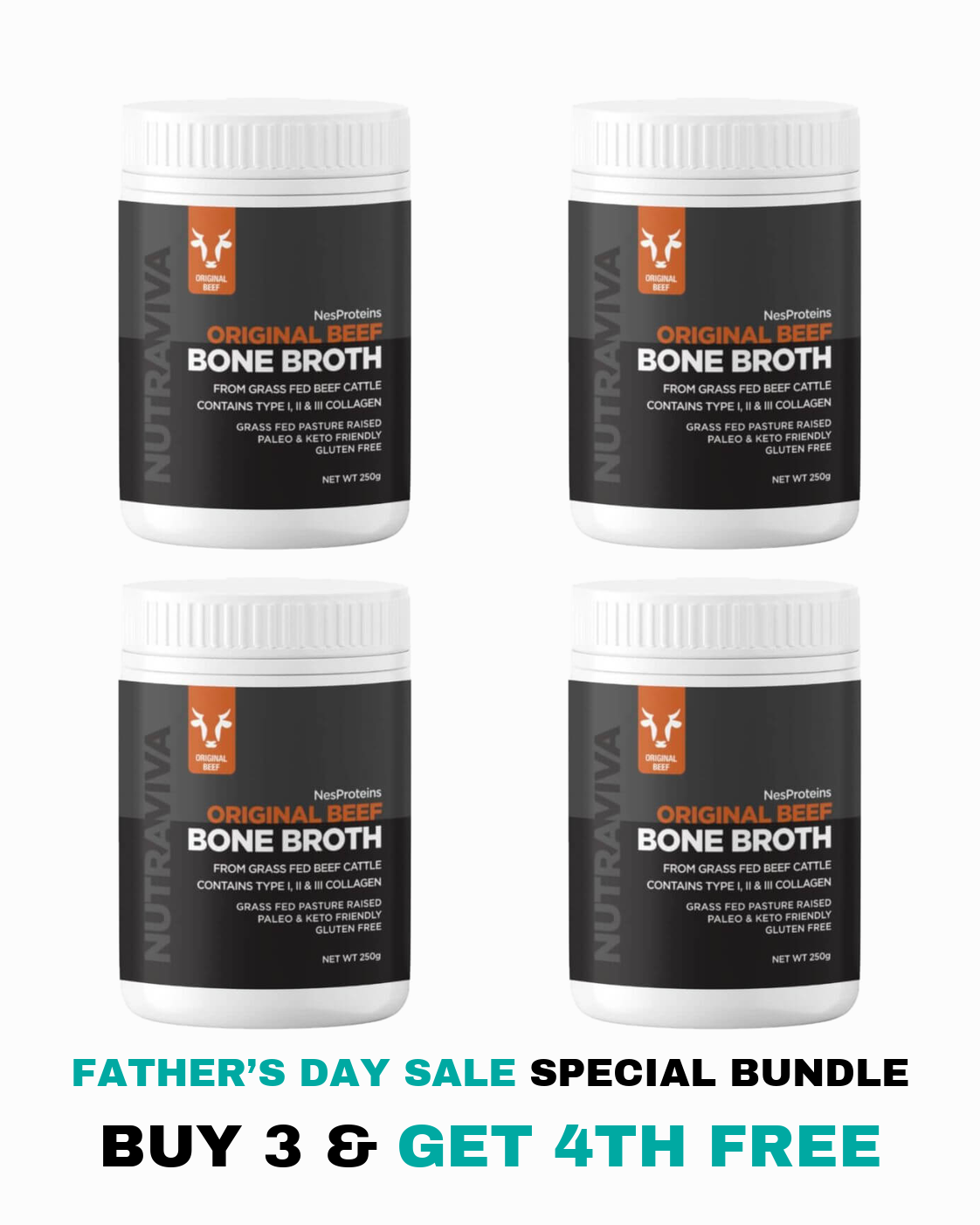 Nutraviva Beef Bone Broth Powder 250g Father's Day bundle, buy 3 get 1 free