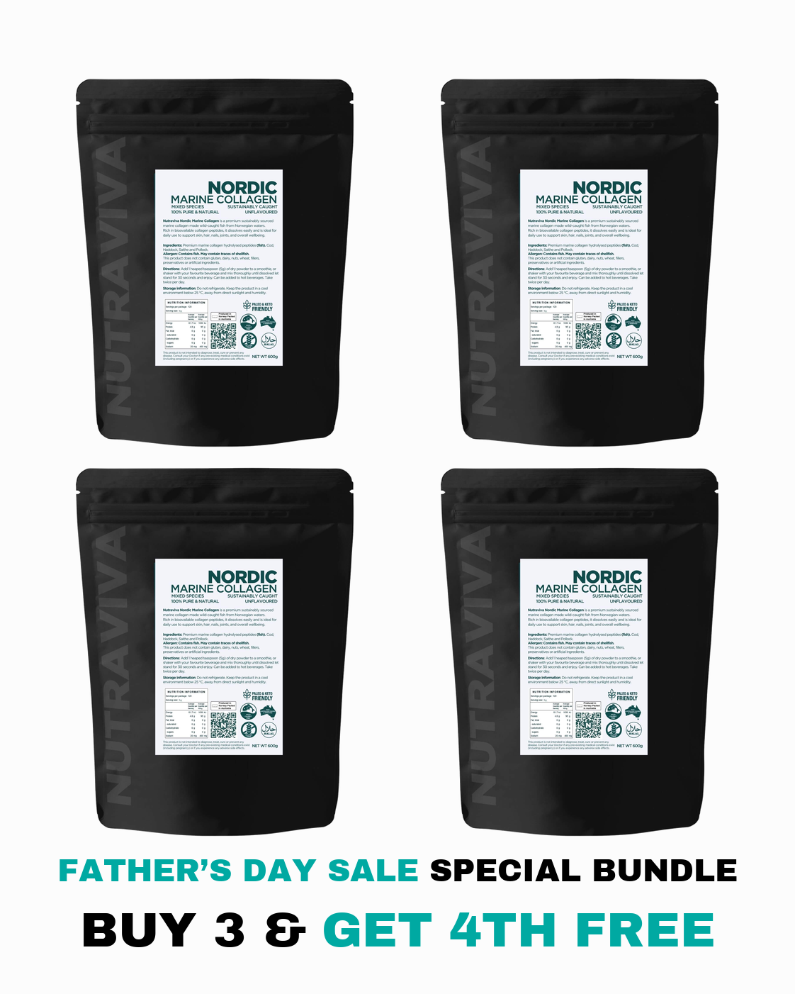 Nutraviva Nordic Marine Collagen 600g Father's Day bundle, buy 3 get 1 free