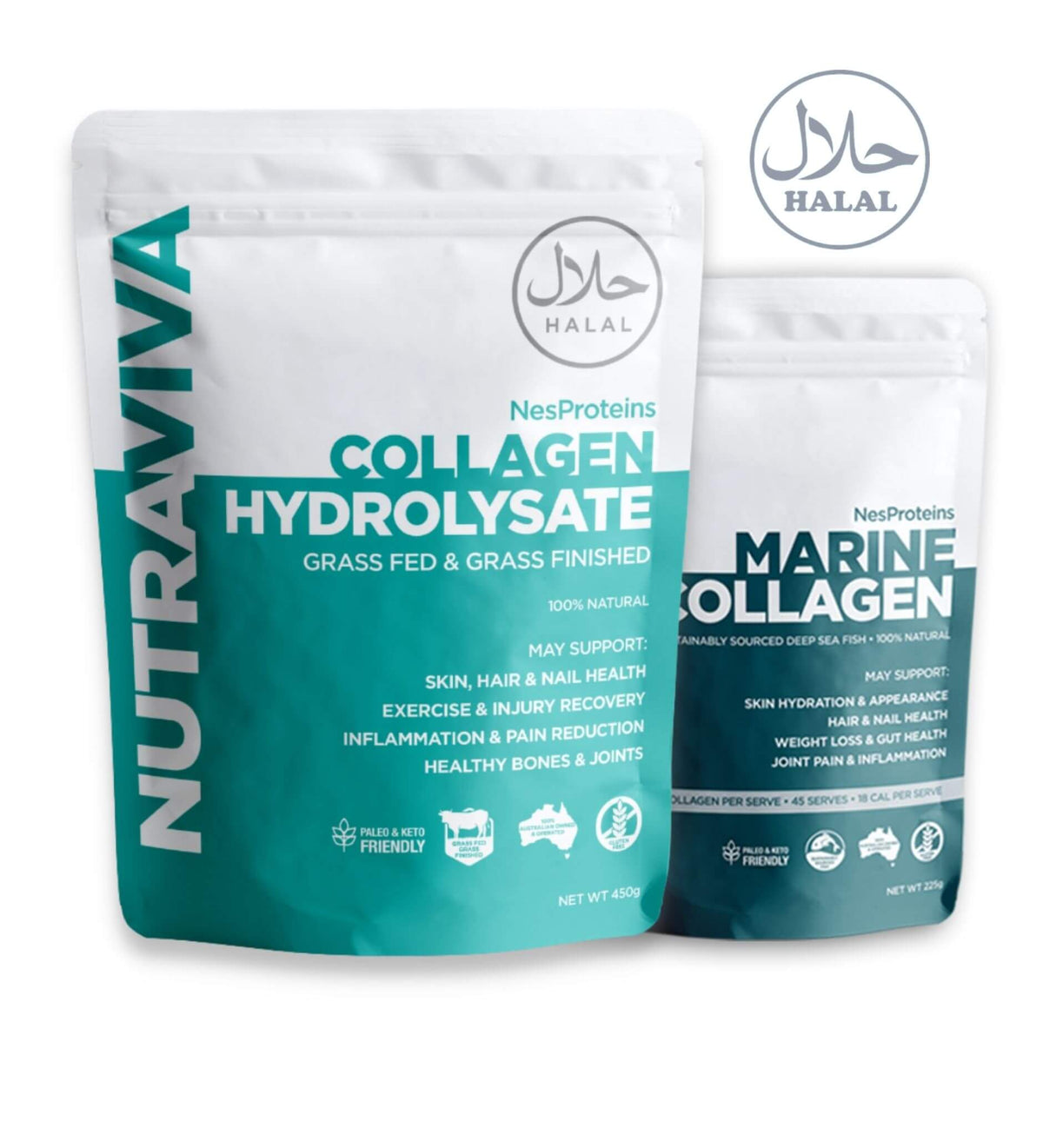 Halal Collagen Duo: Halal Collagen Hydrolysate 450g and Marine Collagen 280g