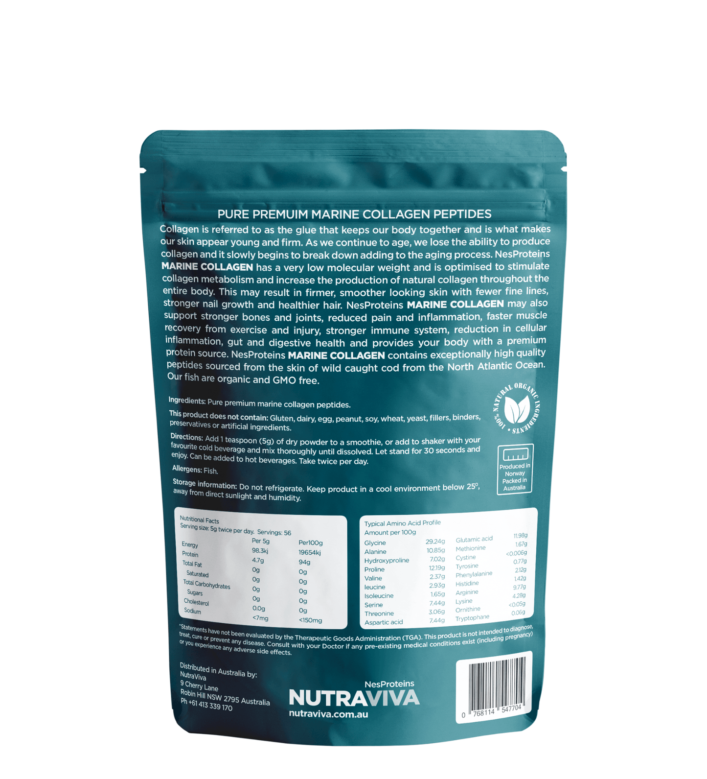 Nutraviva Marine Collagen 280g information panel