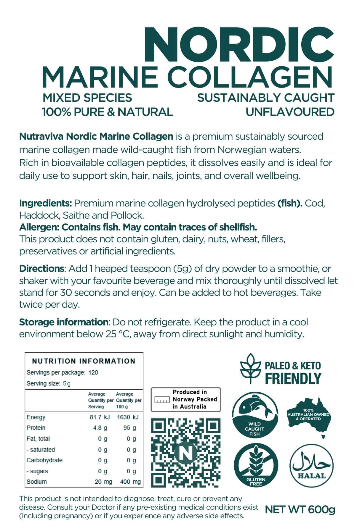 Nutraviva Nordic Marine Collagen 600g information panel