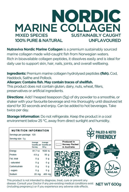 Nutraviva Nordic Marine Collagen 600g information panel