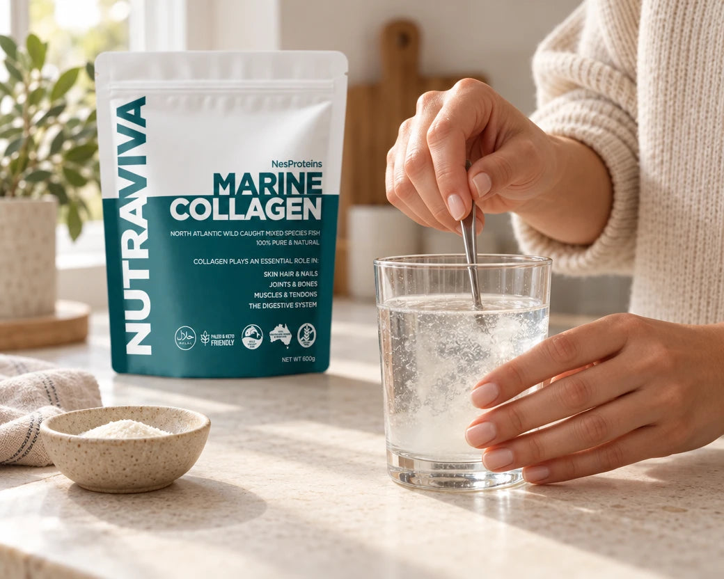 Hands stirring a teaspoon of Nutraviva Marine Collagen into a glass of water beside the 600g pouch