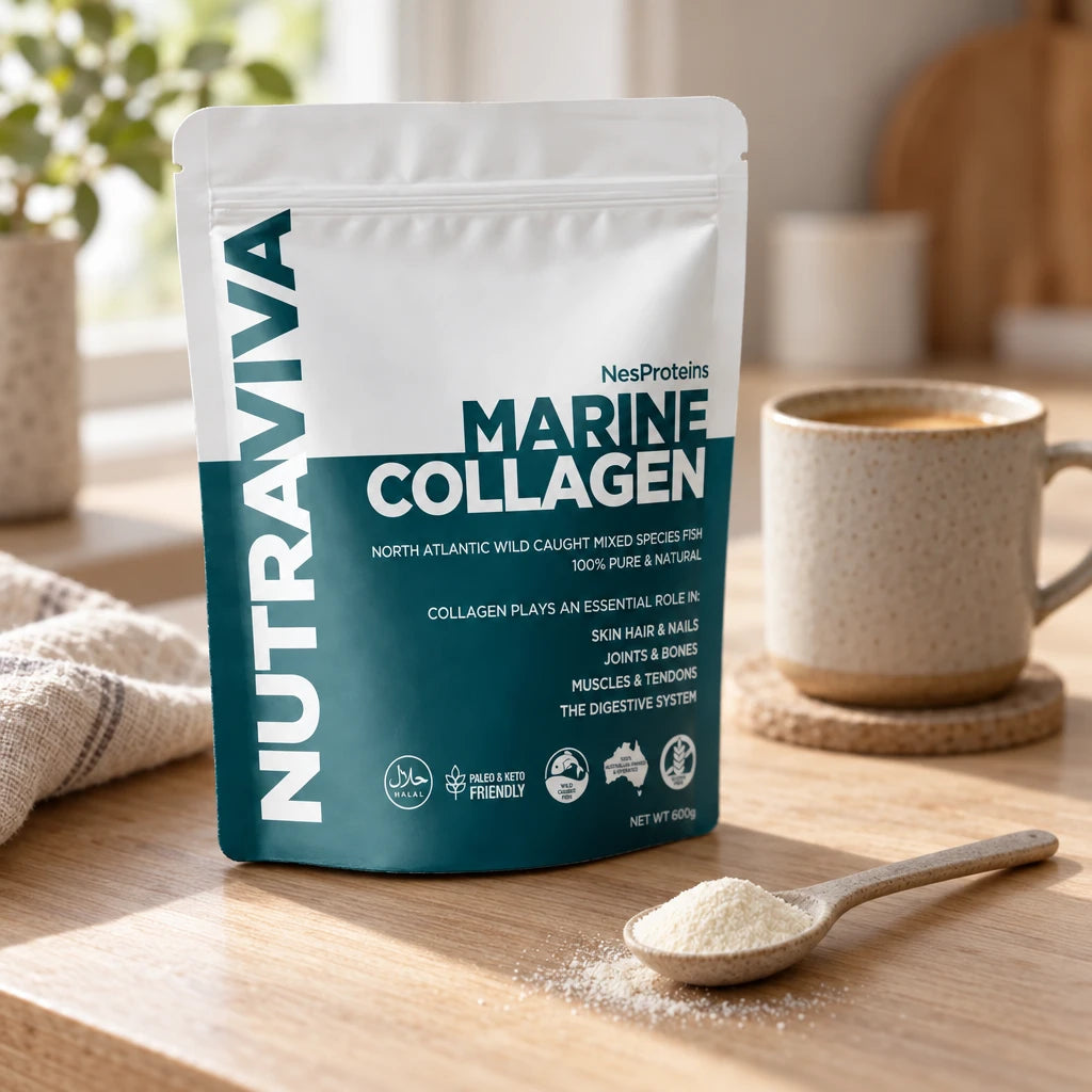 Nutraviva Marine Collagen 600g pouch on a timber bench with a spoonful of powder and a cup of coffee
