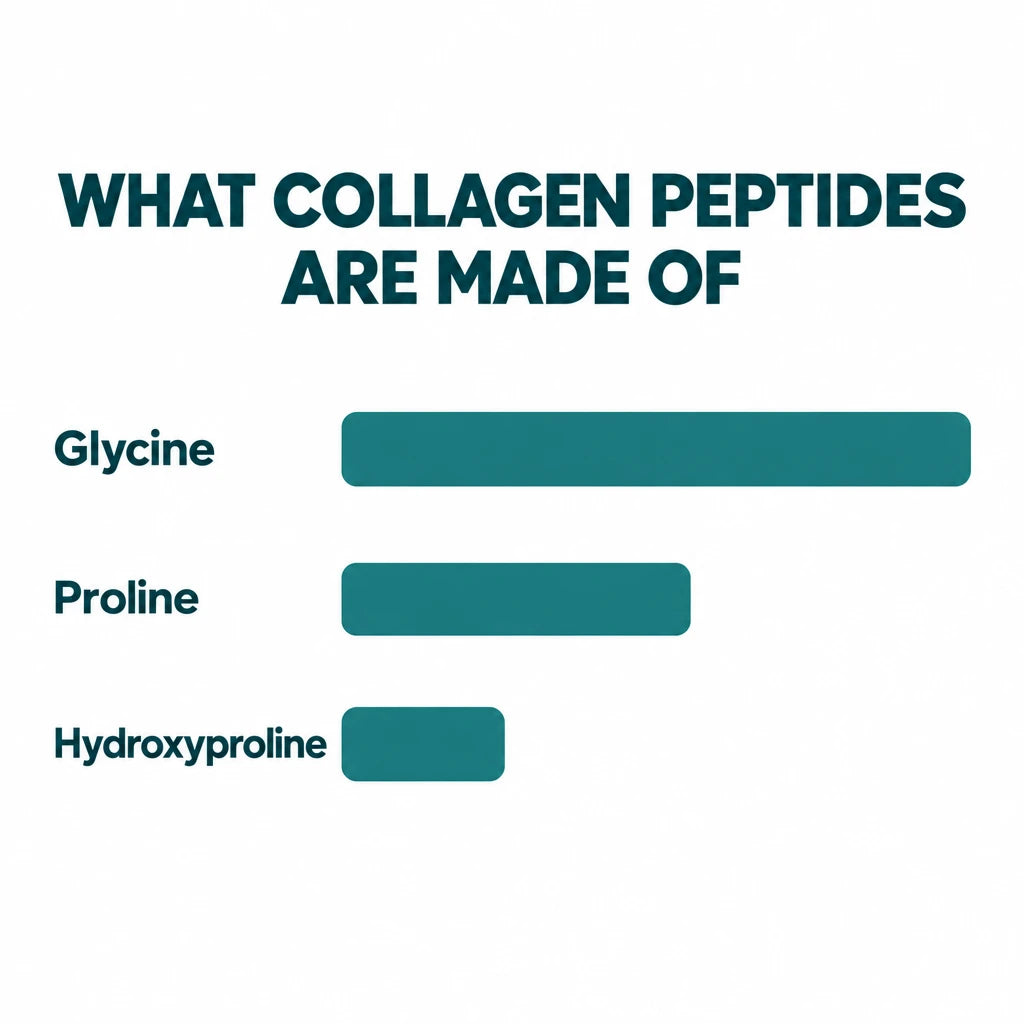 Bar chart of the amino acids that make up collagen peptides: glycine, proline and hydroxyproline