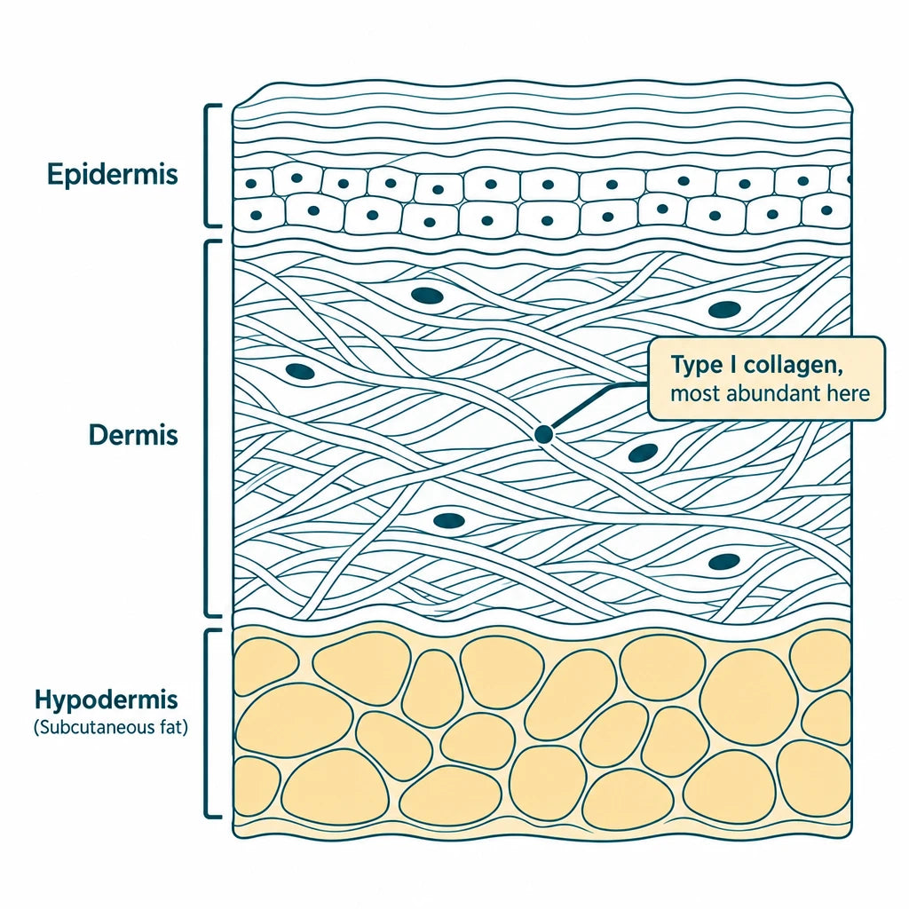 Cross-section diagram of skin showing epidermis, dermis and hypodermis, with Type I collagen labelled as most abundant in the dermis
