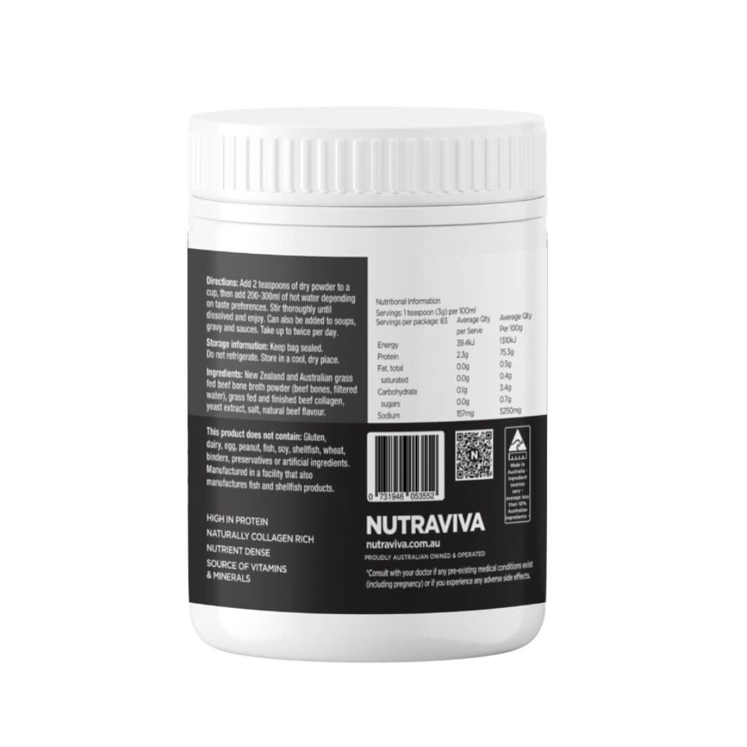 Nutraviva Beef Bone Broth Powder 250g information panel