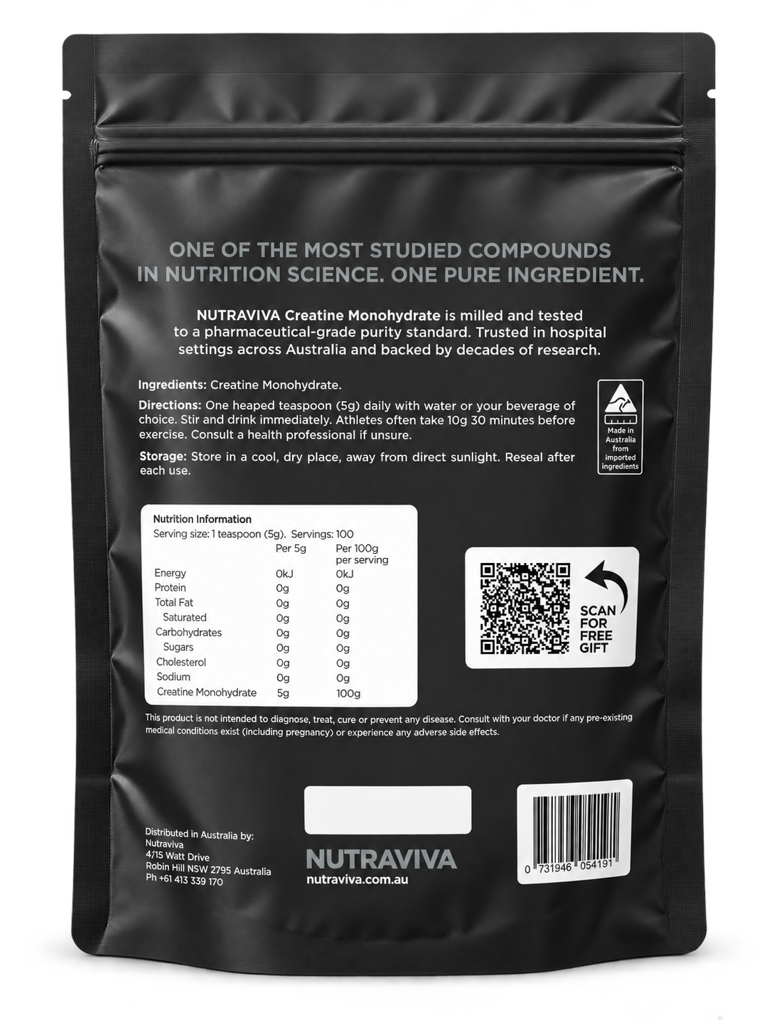 Nutraviva Micronised Creatine Monohydrate 500g pouch, back with directions and nutrition information