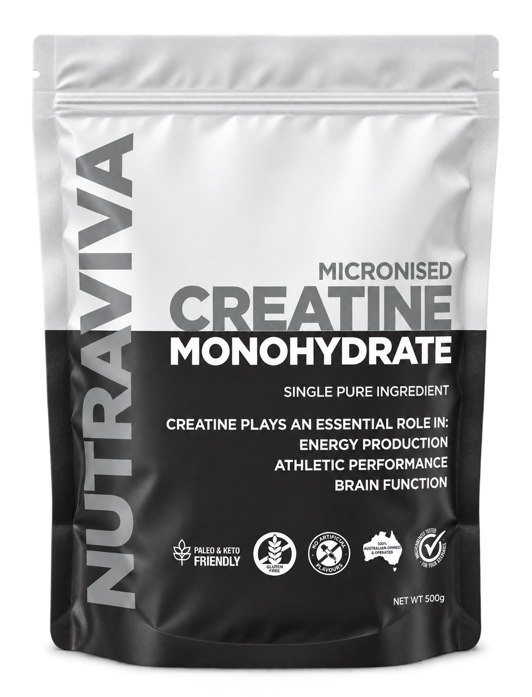 Nutraviva Micronised Creatine Monohydrate 500g pouch, front