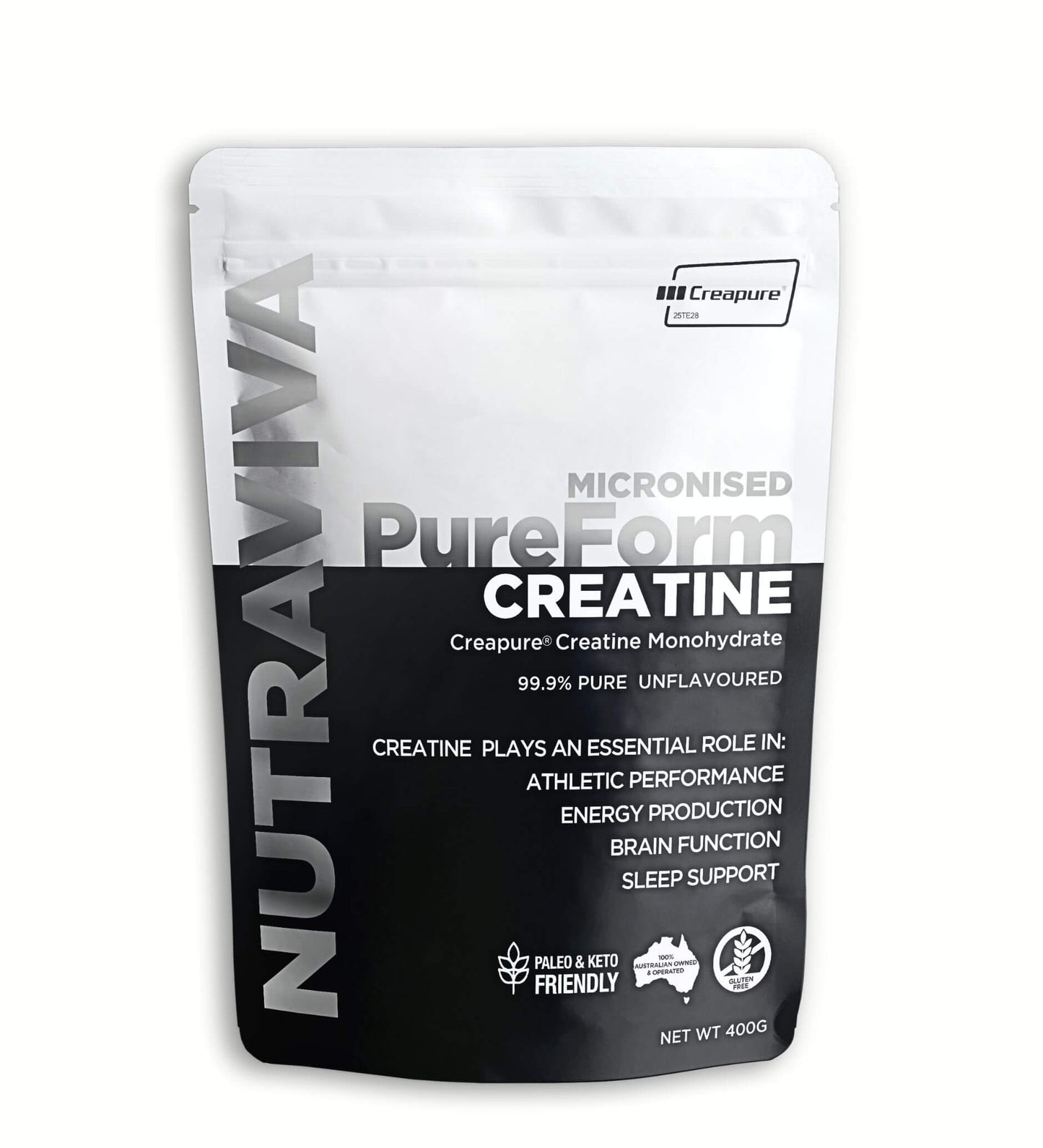 NUTRAVIVA PureForm Micronised Creatine supplement packaging on a white background