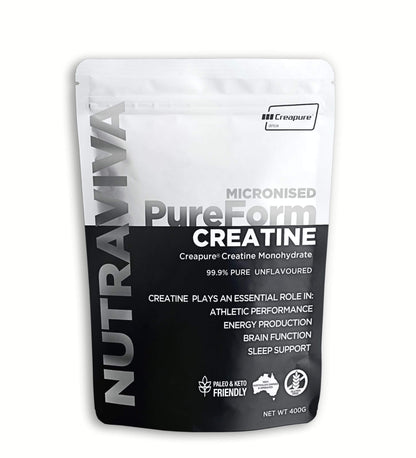NUTRAVIVA PureForm Micronised Creatine supplement packaging on a white background