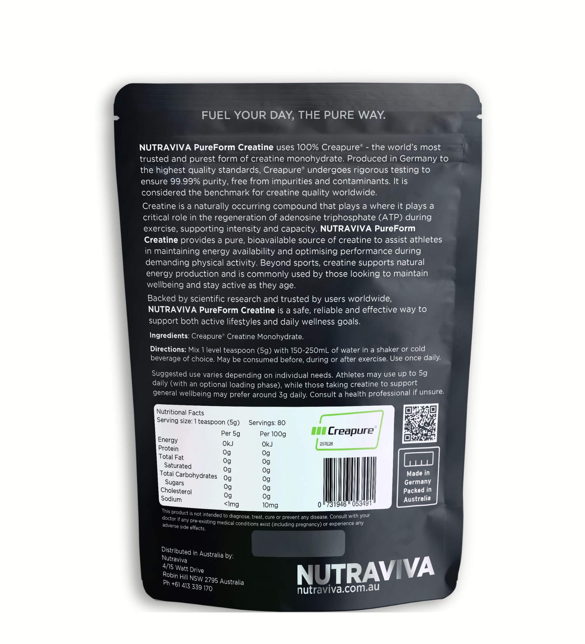 Nutraviva PureForm Creatine supplement packaging with nutritional information on a white background