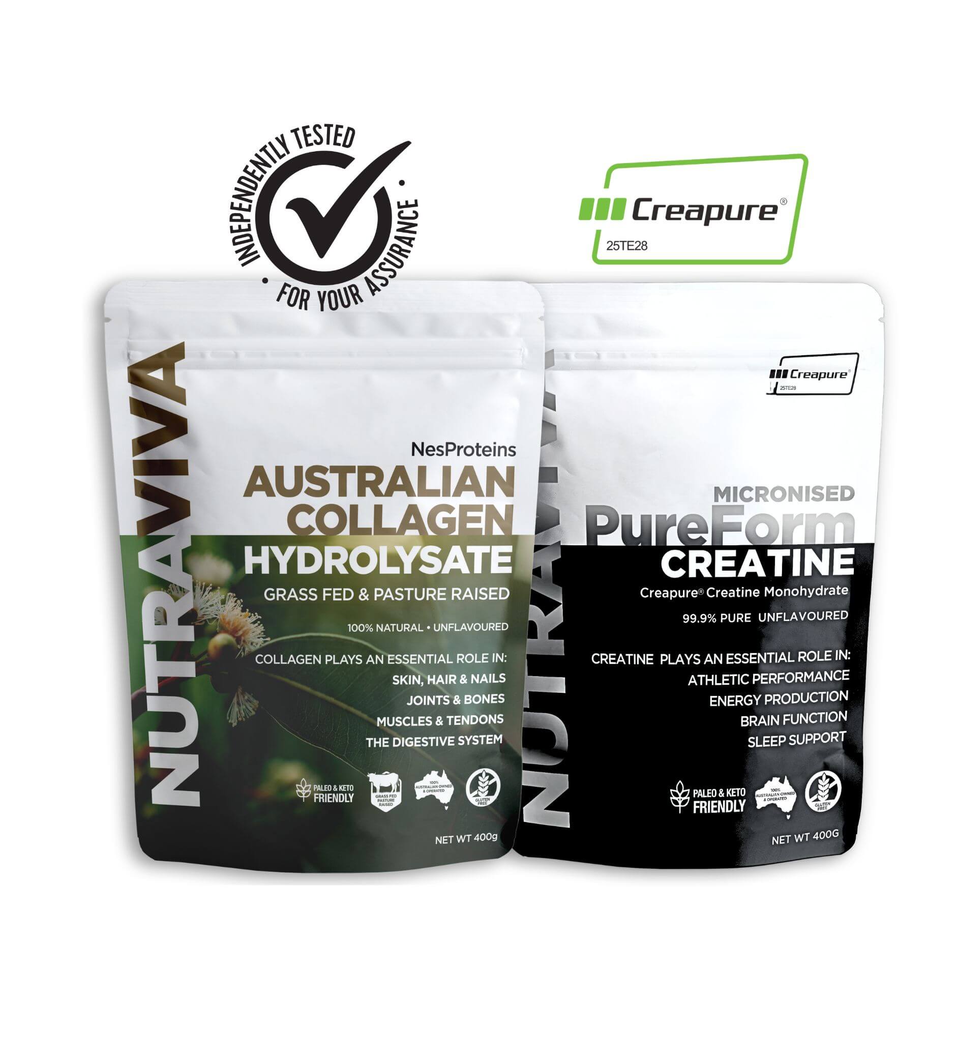 Two supplement packages from Nutraviva on a white background, one is the Australian collagen powder and the other is a creatine monohydrate powder