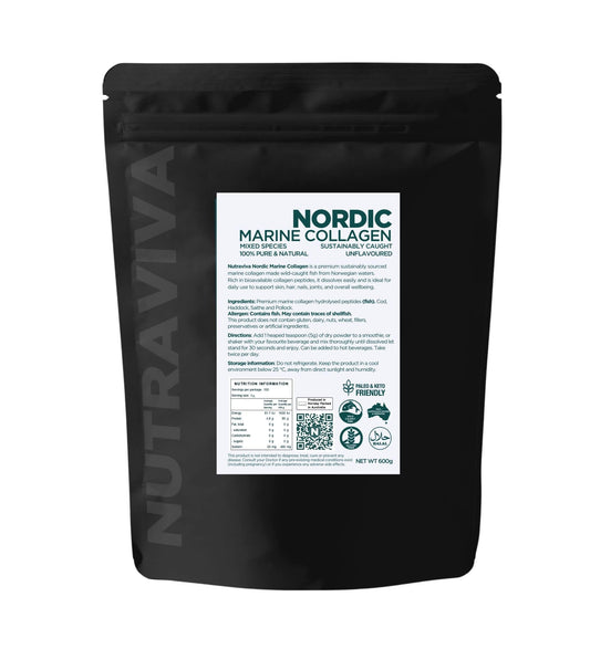 Black package of Nordic Marine Collagen with Nutraviva branding on a white background