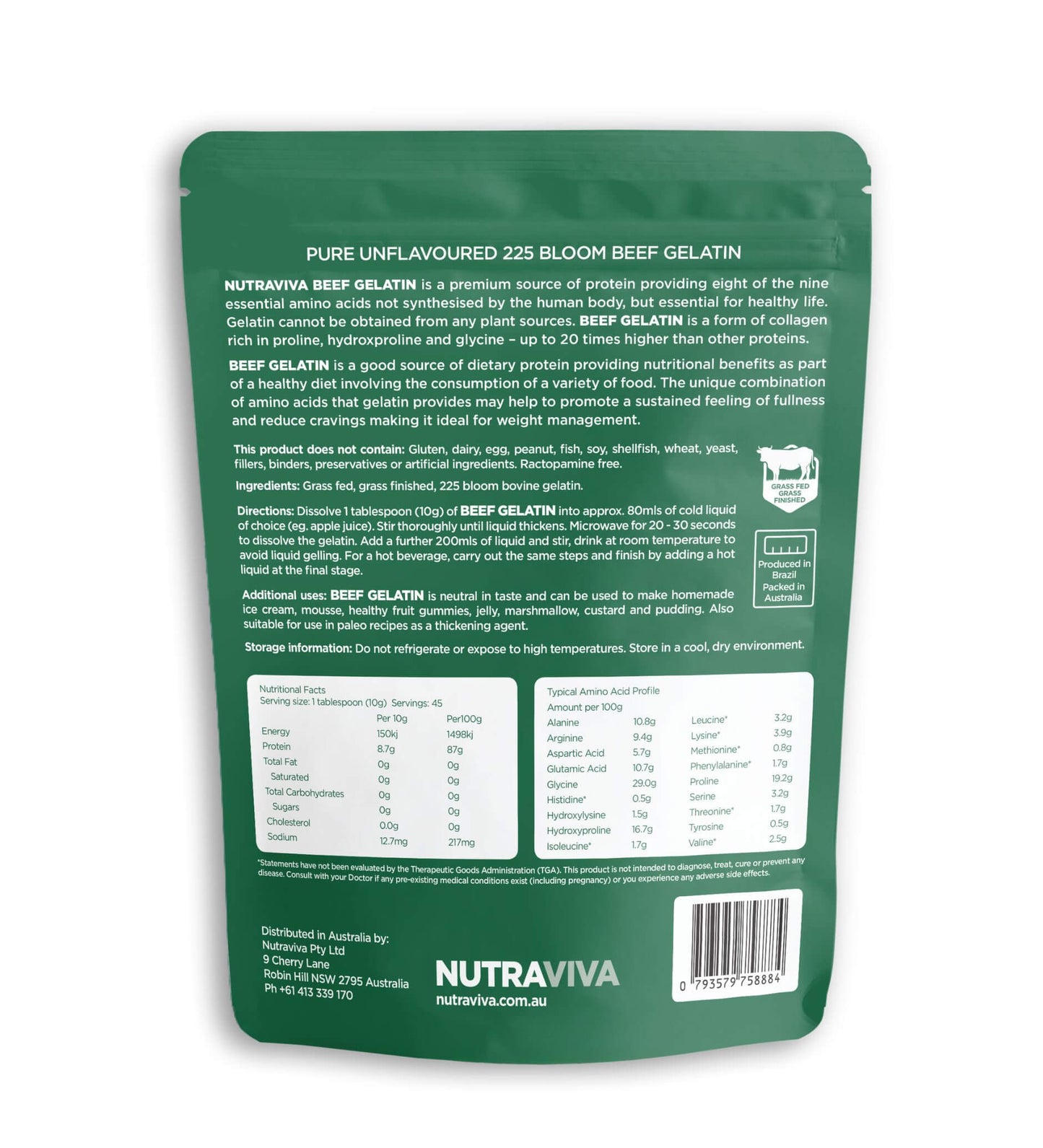 Green package of Nutraviva beef gelatin with text and nutritional information on a white background