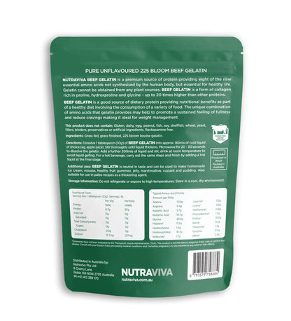 Green package of Nutraviva beef gelatin with text and nutritional information on a white background