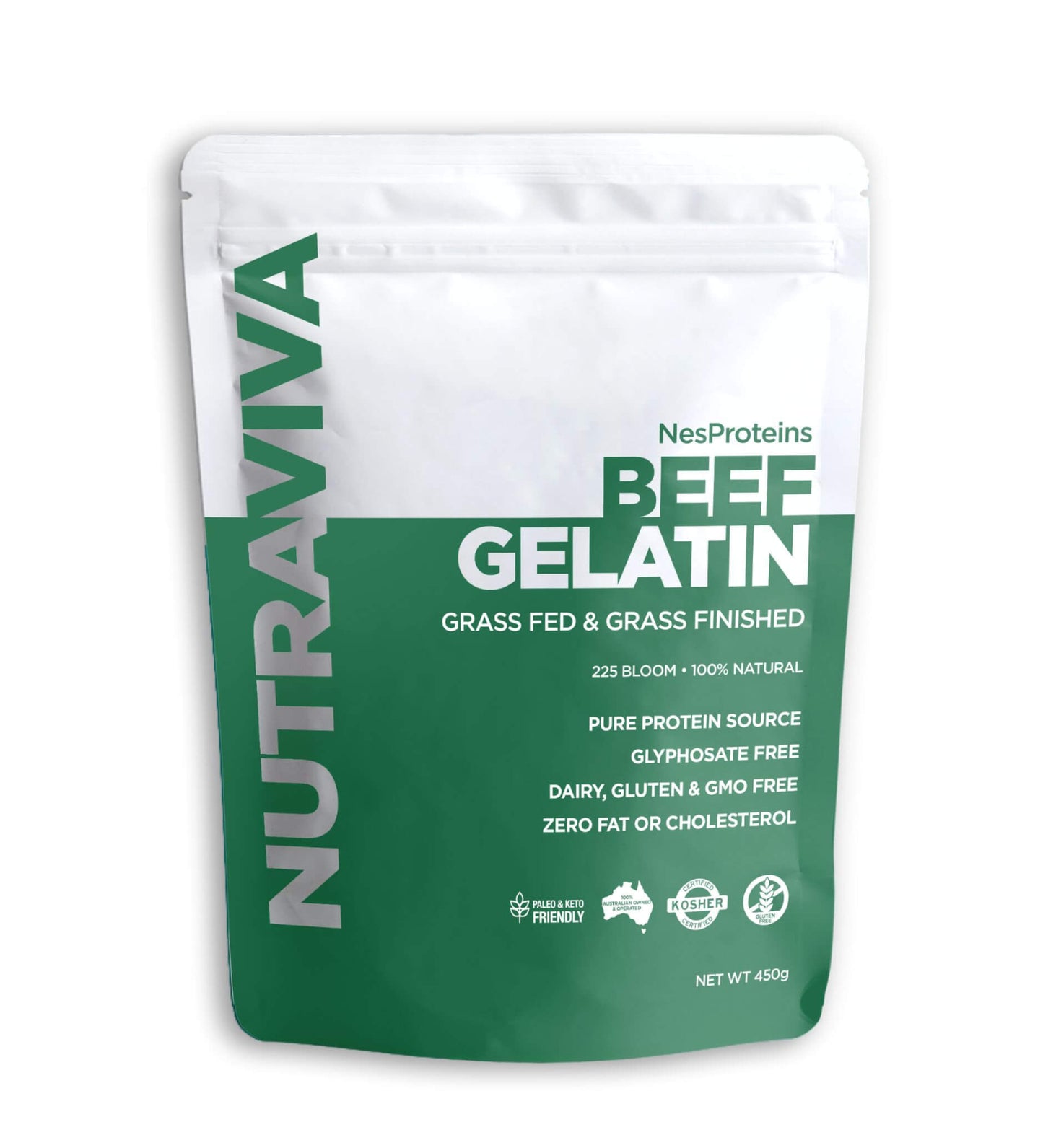 NutraViva beef gelatin package on a white background