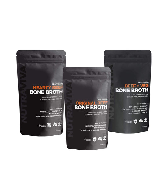 Three packages of Nutraviva bone broth on a white background
