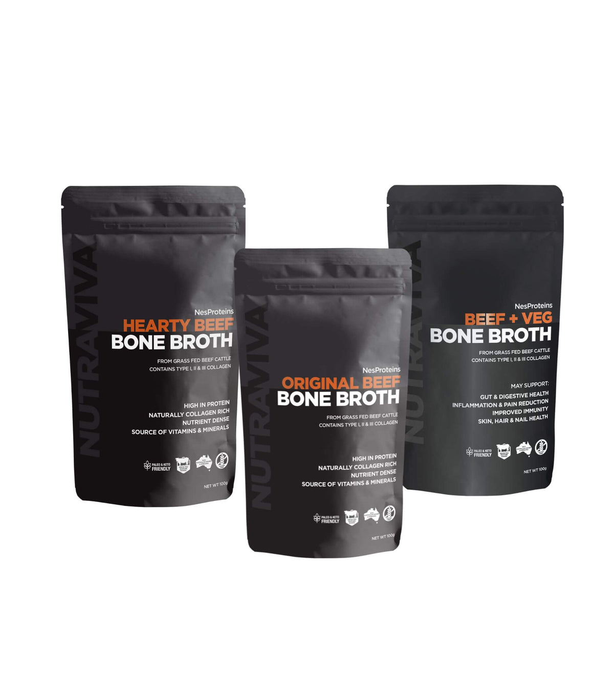 Nutraviva Broth Variety Trio: Original Beef, Beef and Veg and Hearty Beef bone broth 100g packs
