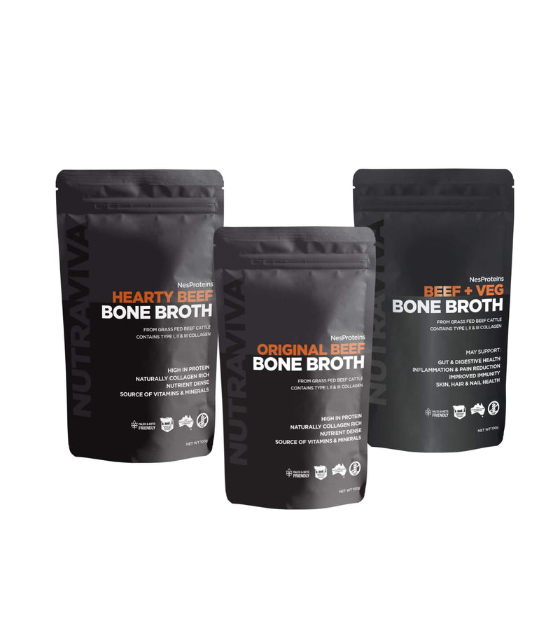 Nutraviva Broth Variety Trio: Original Beef, Beef and Veg and Hearty Beef bone broth 100g packs