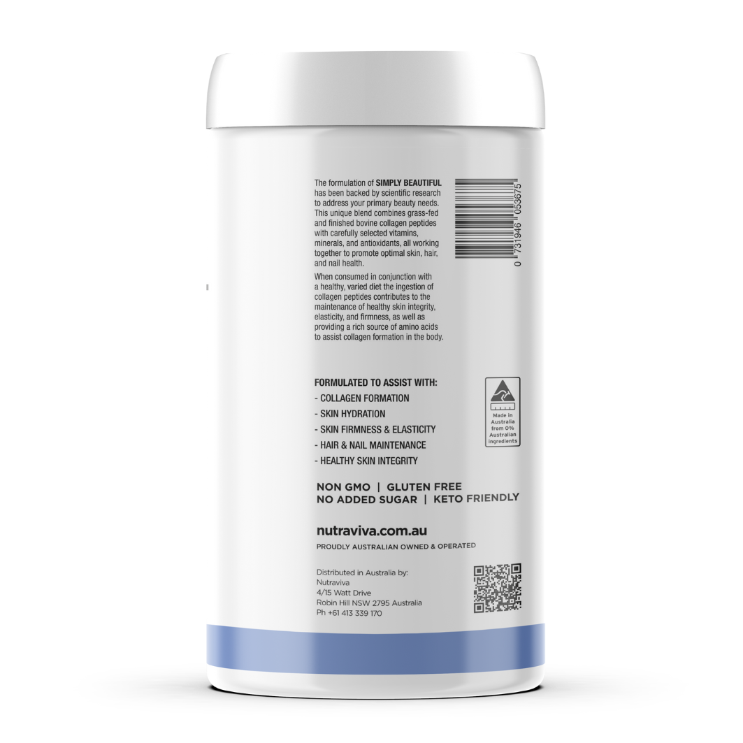 A container of SIMPLY BEAUTIFUL Beauty Collagen, Unflavoured, with a label indicating it's a Bovine Formula. The container is white with blue and silver text and detailing.